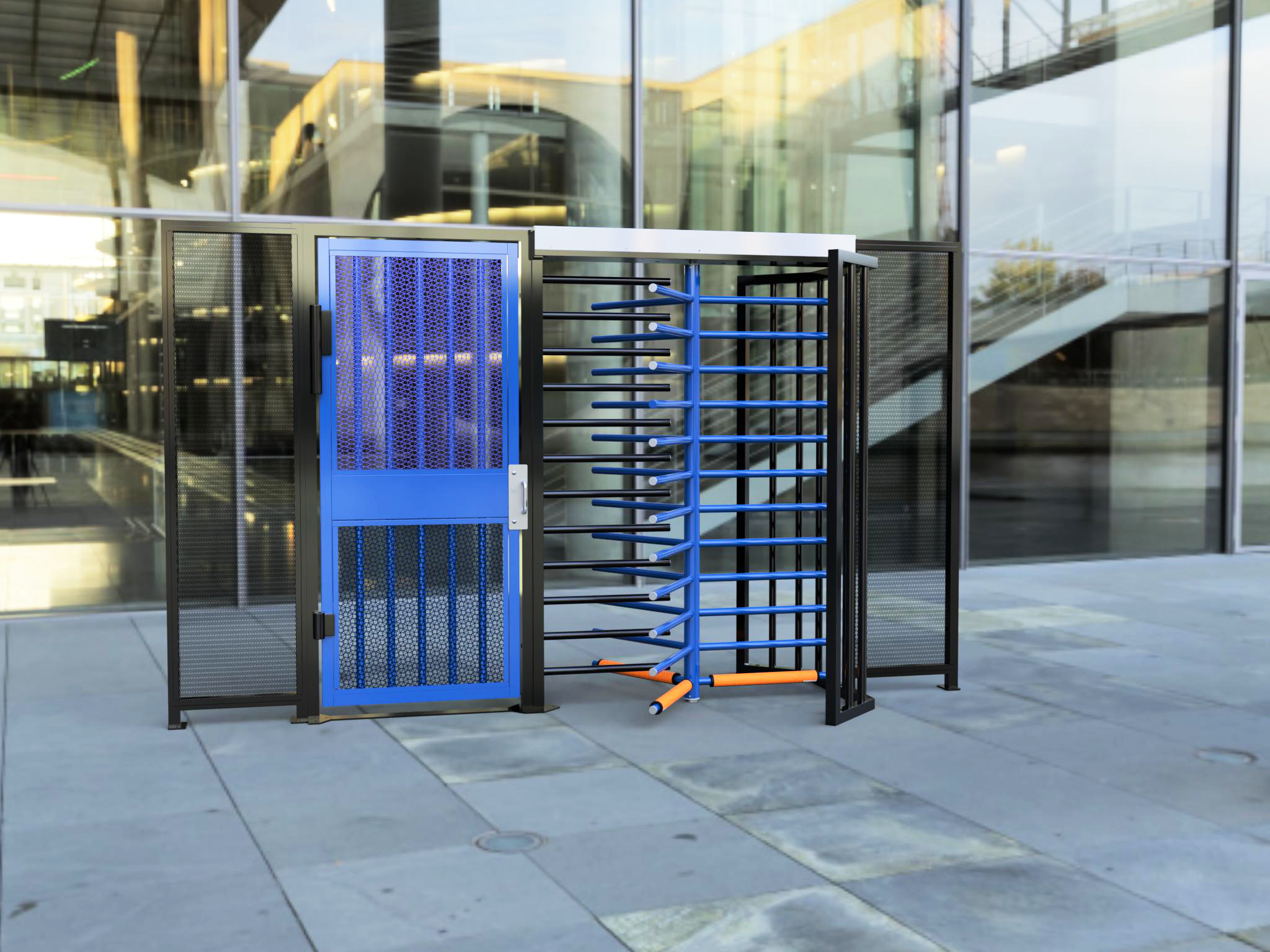 Full height turnstile and full height gate in custom 2-tone blue and black colorway installed in front of office