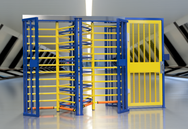 tandem full height HT431T turnstiles installed with HTG-M full height ADA gate next to them in a custom two-tone blue and yellow powder coat finish
