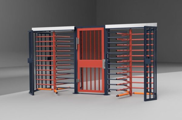 2 full height turnstiles with a full height gate between them in a custom orange and blue high gloss powder coat colorway