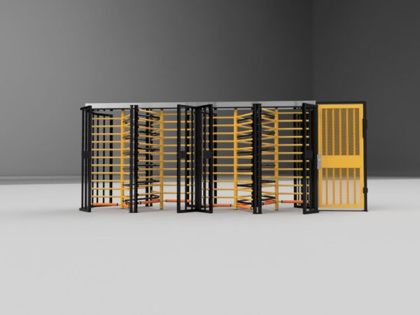 full height turnstiles and full height gates installed in a two-tone black and yellow powder coat colorway