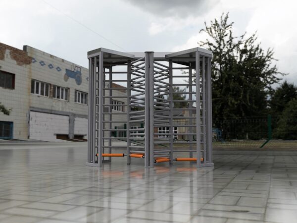 full height tandem turnstile installed outdoors with a climb over half canopy at the top