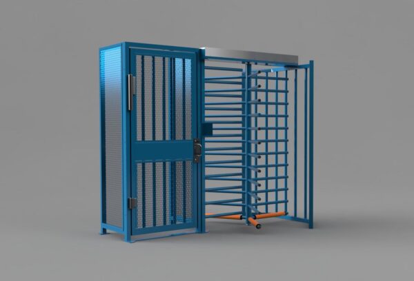 custom sky blue full height turnstile and full height gate, gloss powder coat finish