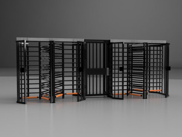 tandem full height HT431T turnstiles installed with HTG-M full height ADA gate between them in a black powder coat finish
