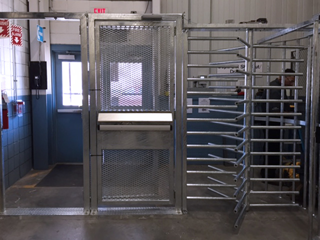 Full height turnstiles w 2 ADA gates Hayward Turnstiles security entry systems, gates. ADA complaint security access gates commercial, industrial indoor, systems manufacturers, suppliers company