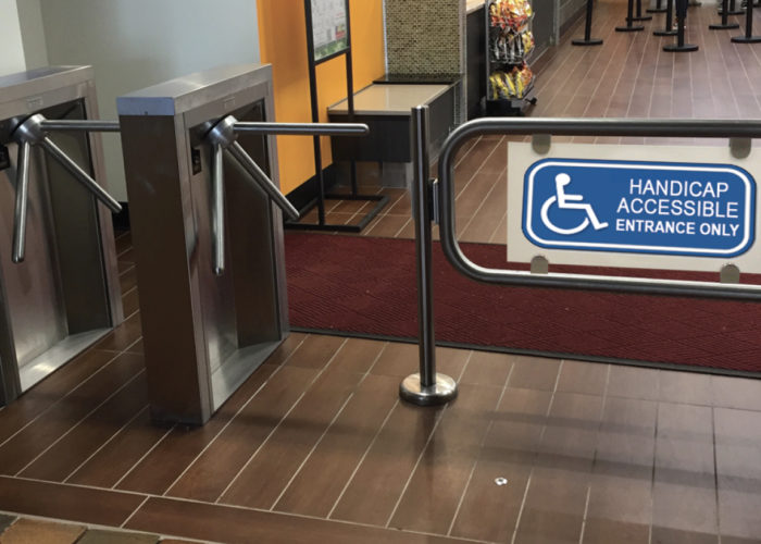 HandicapGate Handicap accessable security gate access sytem. Hayward Turnstiles ADA swing gate entrance for lobby, library, office