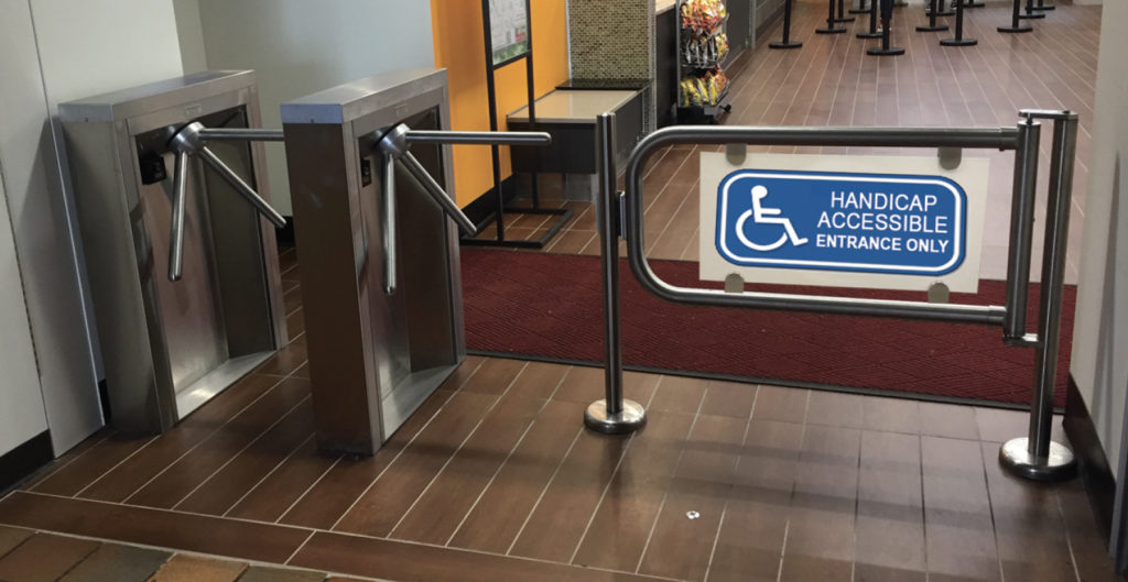 Handicap accessable security gate access sytem. Hayward Turnstiles ADA swing gate entrance for lobby, library, office