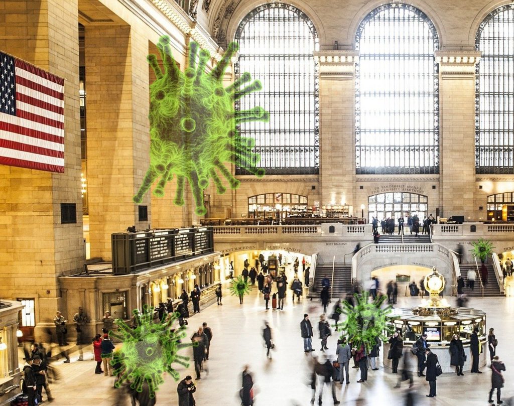 coronavirus cells superimposed over an image of grand central station in the united states