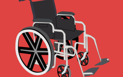 wheelchair over a red background