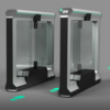 optical turnstile with swinging glass barriers and green footprints moving through the turnstile sensors