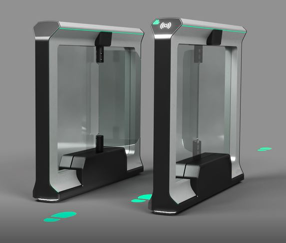 optical turnstile with swinging glass barriers and green footprints moving through the turnstile sensors