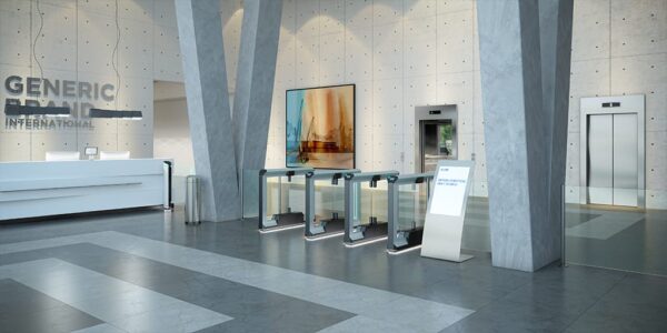 rows of optical turnstiles with swinging glass barriers in an open office lobby entrance
