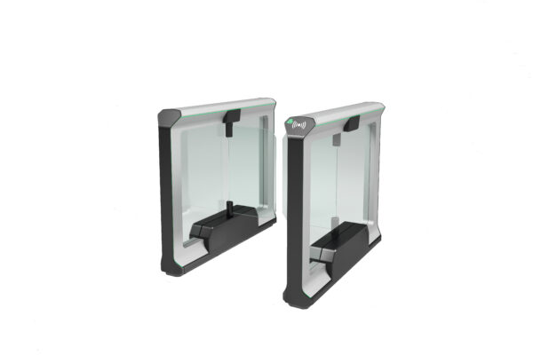 swinging glass optical turnstile over a white background