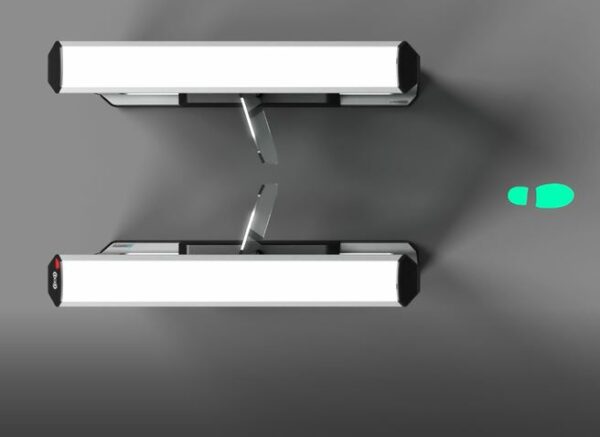 Top view of optical turnstile with green footprints signifying that someone just walked through