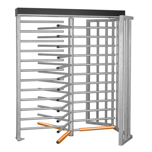 wide passage full height turnstile with three orange safety sleeves for heel protection