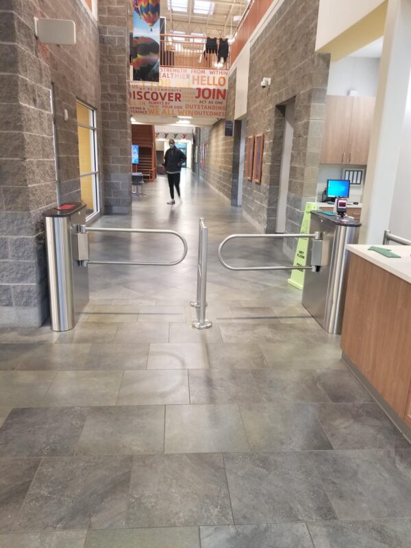 Side view of an MR200 ADA turnstile at the entrance of Glenwood YMCA.
