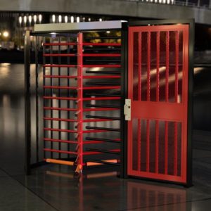two tone black and red turnstile and ADA gate installed outdoors rendering