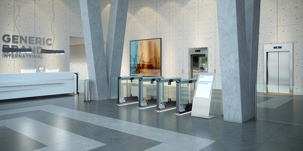 EZ-Lane-SL-1000-installed-office-lobby-optical-turnstile