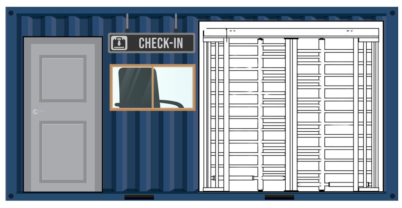 Top view layout of a 20 foot shipping container with one tandem turnstile and one security office