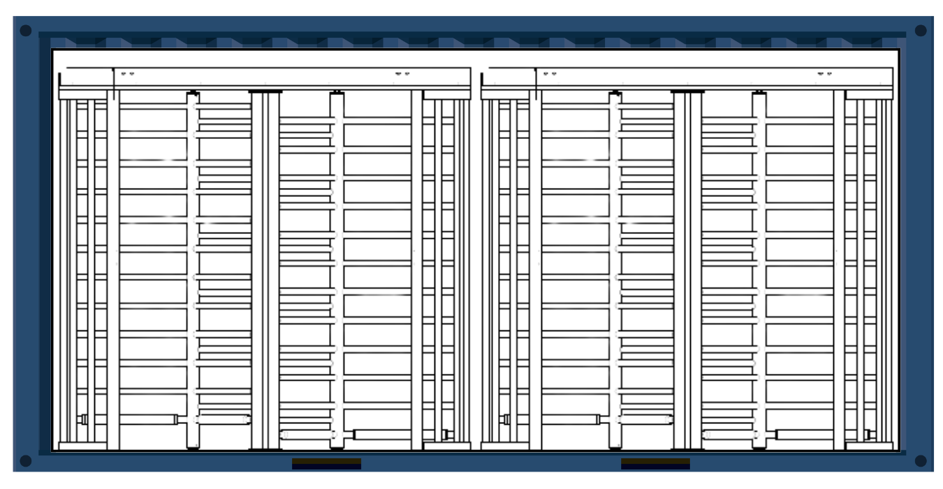 Top view layout of a 20 foot shipping container with two tandem turnstiles